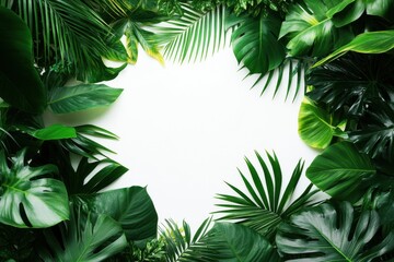 A lush arrangement of various tropical leaves forming a natural border around a blank