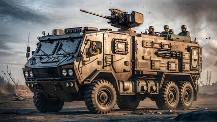 A military vehicle with a gun on the front and the word army on the side.