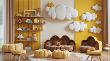 A delightful children's room features soft cloud-shaped wall decor and cozy, pumpkin-inspired seating in warm yellow and brown tones. The playful design creates a comforting and imaginative space for