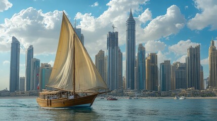 A dhow sailing past modern cityscapes, blending traditional Arabic heritage with contemporary surroundings.