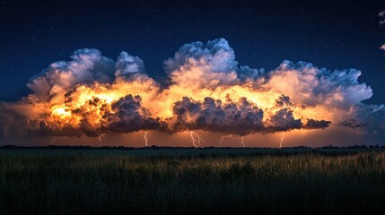 Fototapeta premium A dramatic scene of multiple lightning strikes in the night sky, each bolt highlighting the storm clouds above.