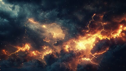 Fototapeta premium A night sky lit up by a series of lightning strikes, each bolt casting a brief but intense glow on the storm clouds.