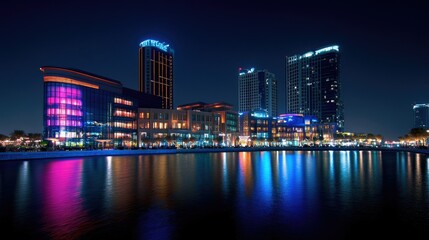 A night view of Festival City, featuring the brightly lit Hotel Crowne Plaza and Hotel Intercontinental against the skyline.