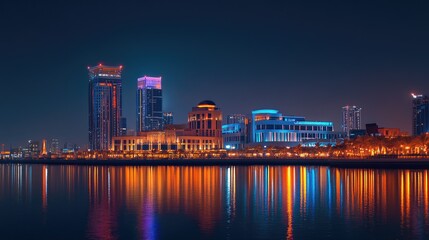 Obraz premium A night view of Festival City, featuring the brightly lit Hotel Crowne Plaza and Hotel Intercontinental against the skyline.