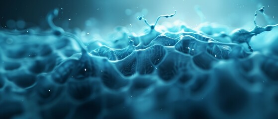  A tight shot of a blue liquid against a backdrop of soft light, with a fuzzy water depiction in the foreground
