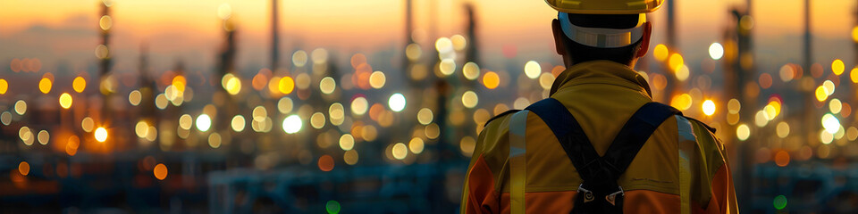 Construction Worker Looking Out Window at Sunset with bokeh in the background