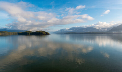 Panorama along the Inside Passage cruise, a morning mist landscape near Prince Rupert, British Columbia, Canada.