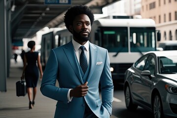 Ambitious Black Entrepreneur in Tailored Suit on Commute Representing Success