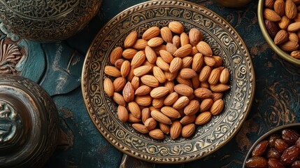 ramadan elegance an ornate goldrimmed plate adorned with glistening dates and slivered almonds set against an intricate arabesque backdrop honoring sacred traditions