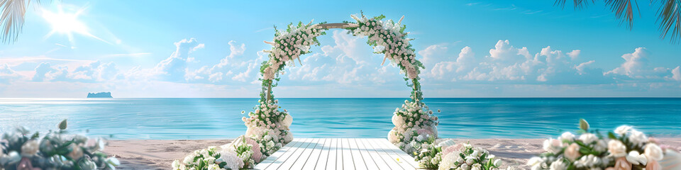 Wedding arch with white flowers at blue ocean in tropical island wedding ceremony in the background