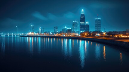 Naklejka premium A serene night scene of Manama, Bahrain, with the city's lights glowing across Bahrain Bay, creating a tranquil and picturesque view.