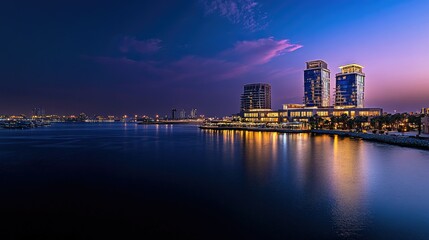 A serene night shot of Manama with the Four Seasons and Hilton Hotels glowing brightly, capturing the city's luxurious atmosphere.