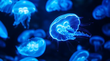 Glowing jellyfish in deep blue ocean, illuminating their surroundings, underwater glowtime, captivating and surreal marine life.