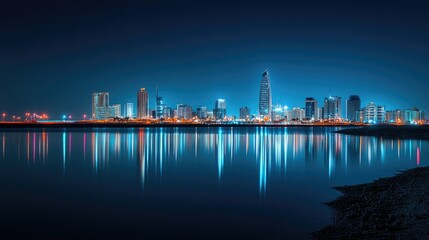 Fototapeta premium A stunning nighttime view of Manama, Bahrain, with the modern skyline glowing brightly along Bahrain Bay.