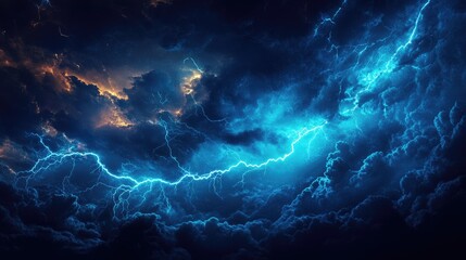 Fototapeta premium A vivid lightning bolt connecting the sky to the earth during a storm, with the bolt's intense brightness contrasting sharply with the dark clouds.