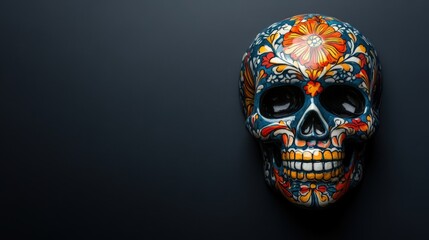 Aesthetic banner for Dia de Los Muertos with traditional calavera skull, black background, copy space. Generative AI