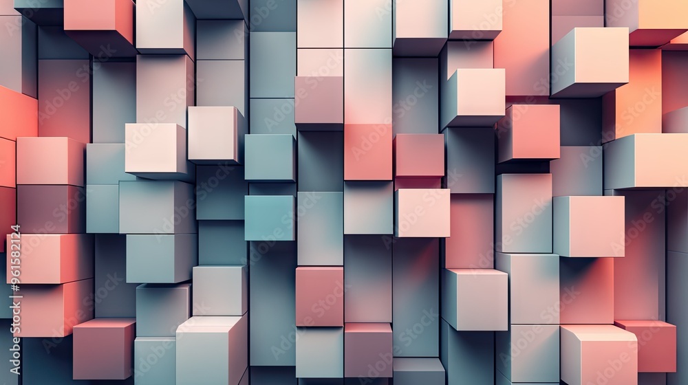 Poster abstract 3d cubes and rectangles arranged in a grid pattern, with varying shades and shadows to crea