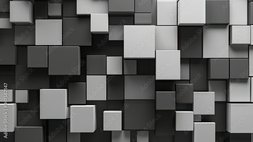 Poster abstract 3d cubes and rectangles arranged in a grid pattern, with varying shades and shadows to crea
