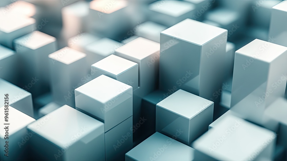 Poster abstract 3d cubes and rectangles arranged in a grid pattern, with varying shades and shadows to crea