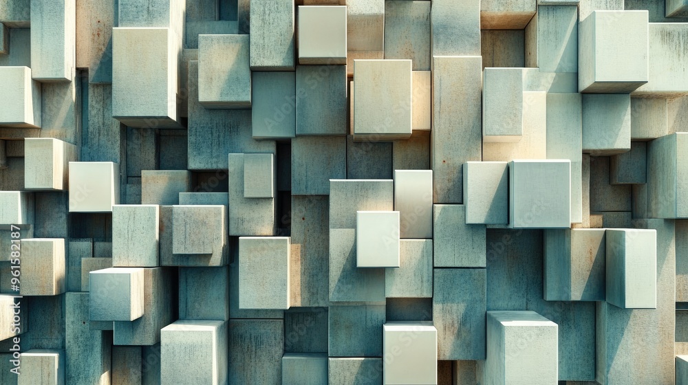 Poster abstract 3d cubes and rectangles arranged in a grid pattern, with varying shades and shadows to crea