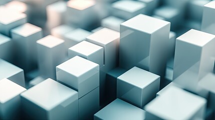 Abstract 3D cubes and rectangles arranged in a grid pattern, with varying shades and shadows to create depth. Ideal for architectural or tech visuals.