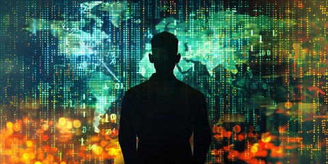 Silhouette of Man Standing in Front of Digital World Map, Global Technology and Data Analysis Concept

