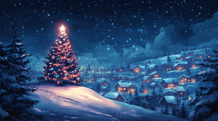 beautiful illustration of night winter landscape with christmas tree and little village behind