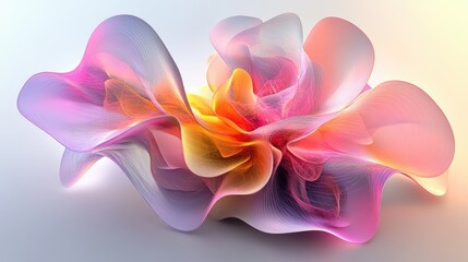 Abstract 3D design of a surreal flower with organic, wavy lines and translucent pink, purple, and yellow materials.