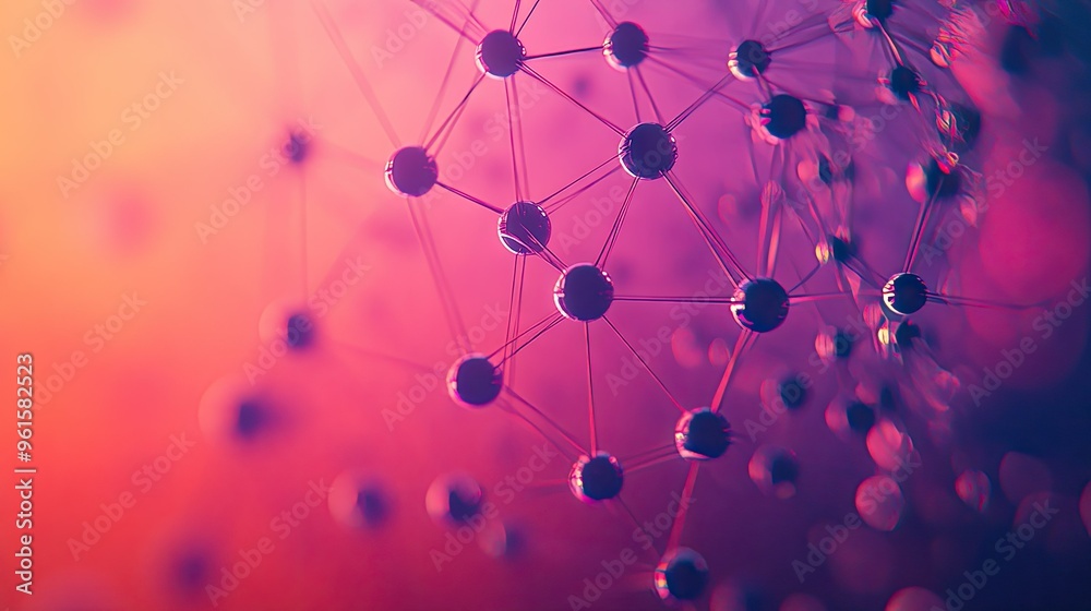 Poster abstract 3d spheres connected by thin lines, floating in space with a gradient background, symbolizi