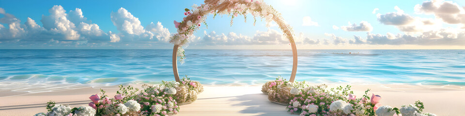 stunning beach wedding altar adorned with tropical flowers and palm leaves in the background