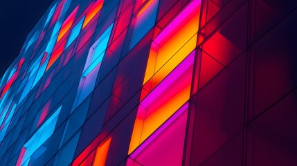 Glowing geometric patterns on a futuristic building facade, architectural glowtime, innovative and bold.