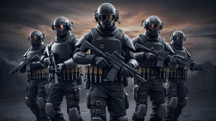 Naklejka premium A group of police officers with guns on their uniforms.