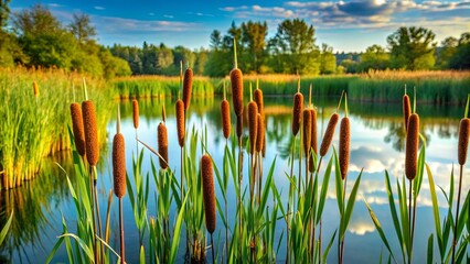 Tranquil wetland scene featuring tall brown cattails and lush green reeds