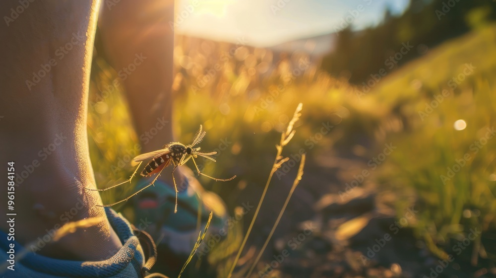 Wall mural a mosquito on a person's leg while hiking, showcasing the importance of using mosquito repellent in 