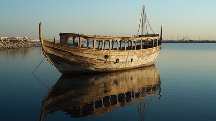 An old dhow boat docked at a harbor, a symbol of the maritime history of pearl diving and transportation in the Arabic world.