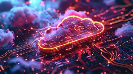 Abstract representation of cloud computing with neon lights and a circuit board, symbolizing data transfer and digital connections.