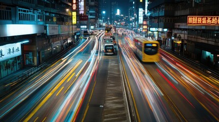 Naklejka premium Blurry lights and fast-moving traffic in downtown Hong Kong, with clear Chinese road markings providing context to the scene.