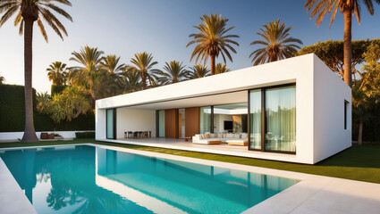 Fototapeta premium residential architecture exterior of a modern minimalist luxury cube house complete with swimming pool and palm trees