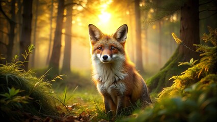 Naklejka premium Majestic red fox blending into enchanted forest during golden hour