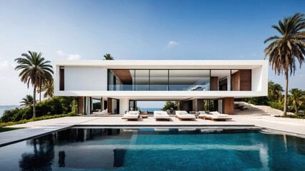 Fototapeta premium residential architecture exterior of a modern minimalist luxury cube house complete with swimming pool and palm trees