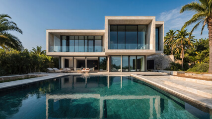 Fototapeta premium residential architecture exterior of a modern minimalist luxury cube house complete with swimming pool and palm trees