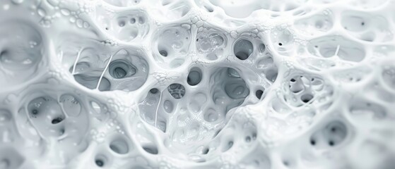  A tight shot of a white object with numerous hollowed-out centers and water beads scattered on its surface