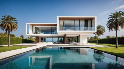 Fototapeta premium residential architecture exterior of a modern minimalist luxury cube house complete with swimming pool and palm trees