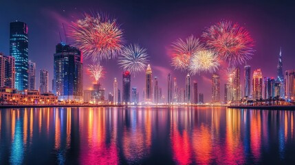 Obraz premium Bright fireworks burst over Festival City during Dubai National Day, their colors reflecting beautifully on the water below. -