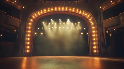 Stage lights forming an arch, soft warm tones, elegant and welcoming atmosphere, classic theater vibe