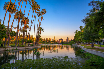 City skyline of Los Angeles downtown in California during sunset from Echo Lake Park, with tall palm trees and a reflective lake.