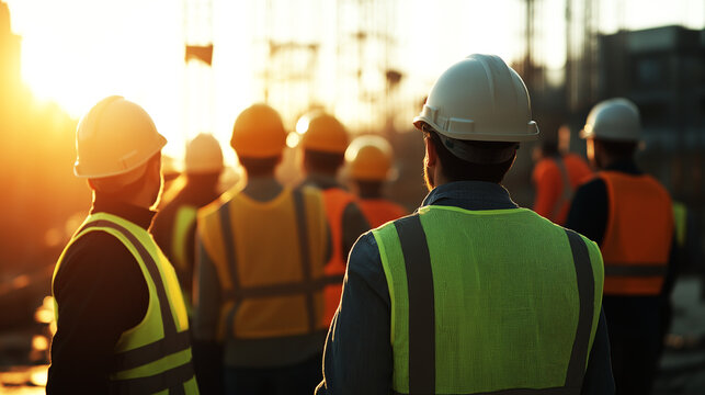 A group of construction workers wearing safety vests and helmets, standing together at a construction site, ready to start their teamwork on the job.