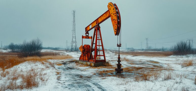 An oil pumpjack is set against a snowy landscape with tall grass, This image evokes themes of energy production and natural resource extraction, suitable for content related to the oil industry