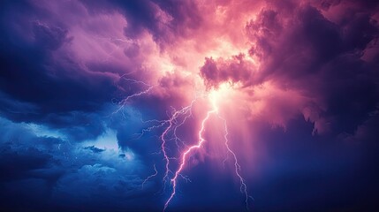 Fototapeta premium Cloud-to-ground lightning bolt striking during a heavy storm, with the intense light of the bolt illuminating the surrounding area.