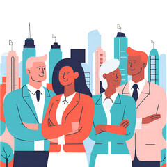 Successful businessmen and women standing with arms crossed looking at each other and city in the background.